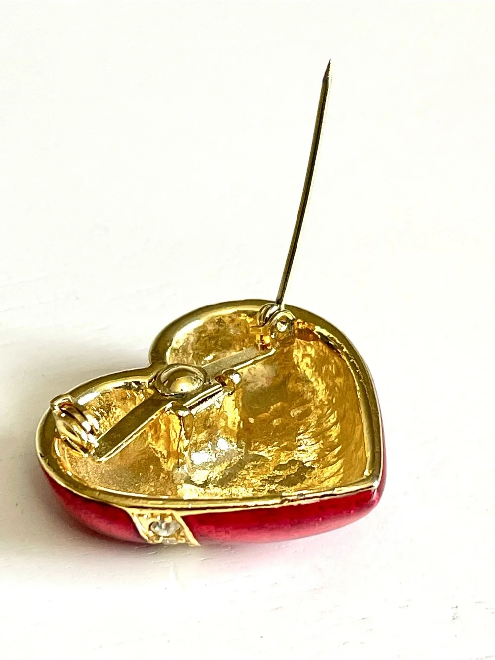Vintage 1980s Red Enamel Puffy Heart Rhinestone Brooch Pin Domed Romantic Glam